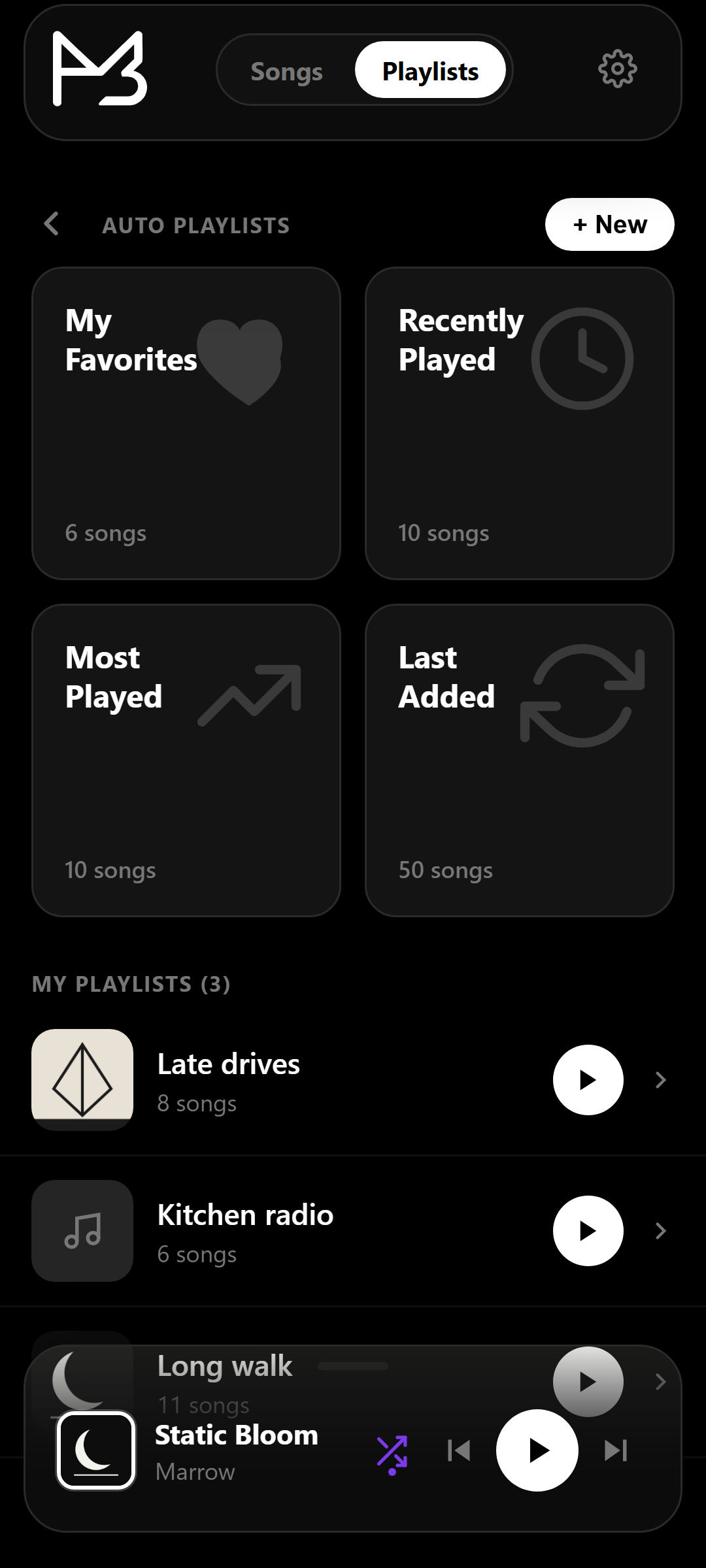 The MPTree playlists page, with the automatic playlists above your own