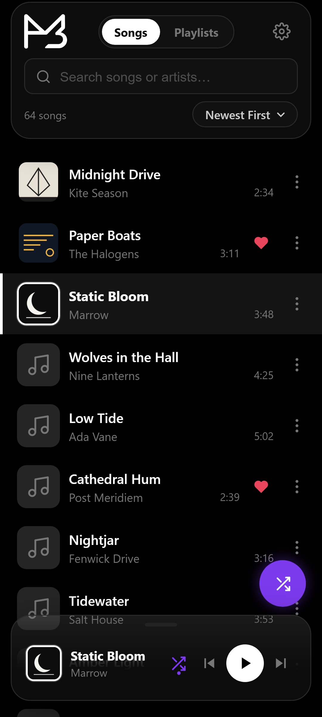 The MPTree song list, with a track playing in the bar at the bottom