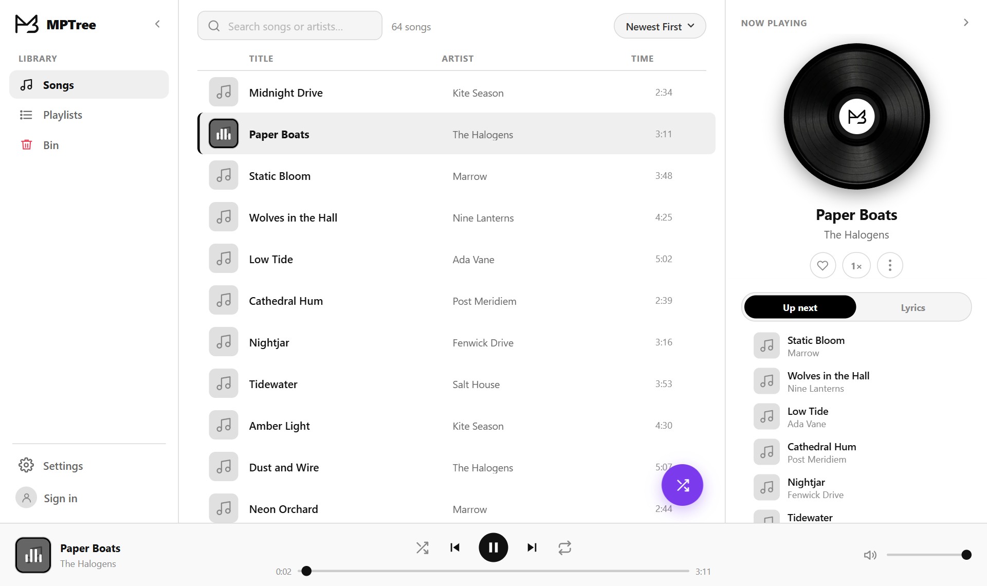 MPTree on Windows: a sidebar, the song list as a table, and the record with what plays next on the right